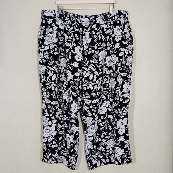 Croft & Barrow Pants Womens 3X Black White Floral Cropped Wide Leg Linen Boho - Picture 1 of 12
